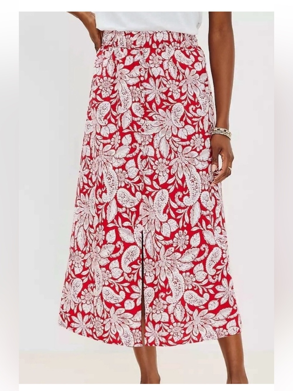 LOFT Red & White Floral Paisley Skirt